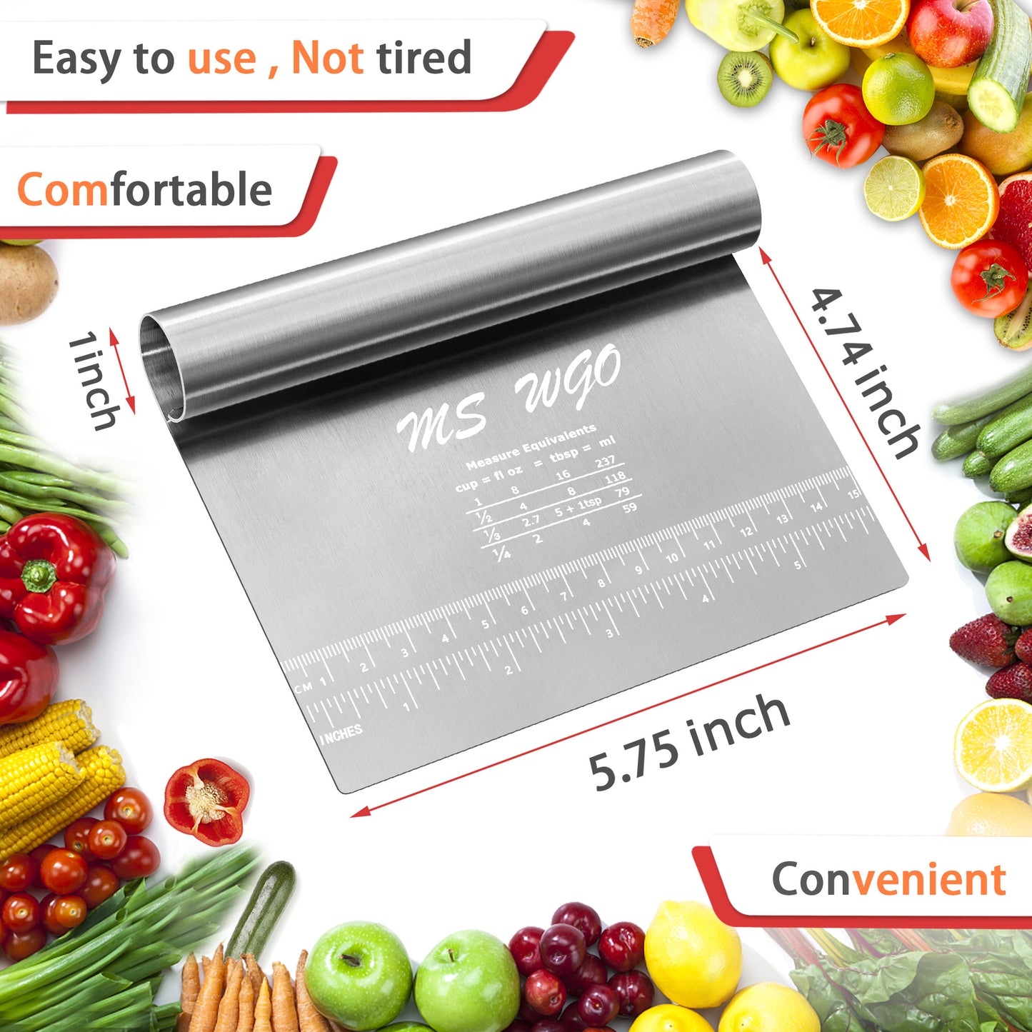 MS WGO Pro Dough Pastry Scraper, 1pcs Cutter, Chopper Stainless Steel Mirror Polished with Measuring Scale Multipurpose- Cake, Pizza Cutter - Pastry Bread Separator Scale Knife