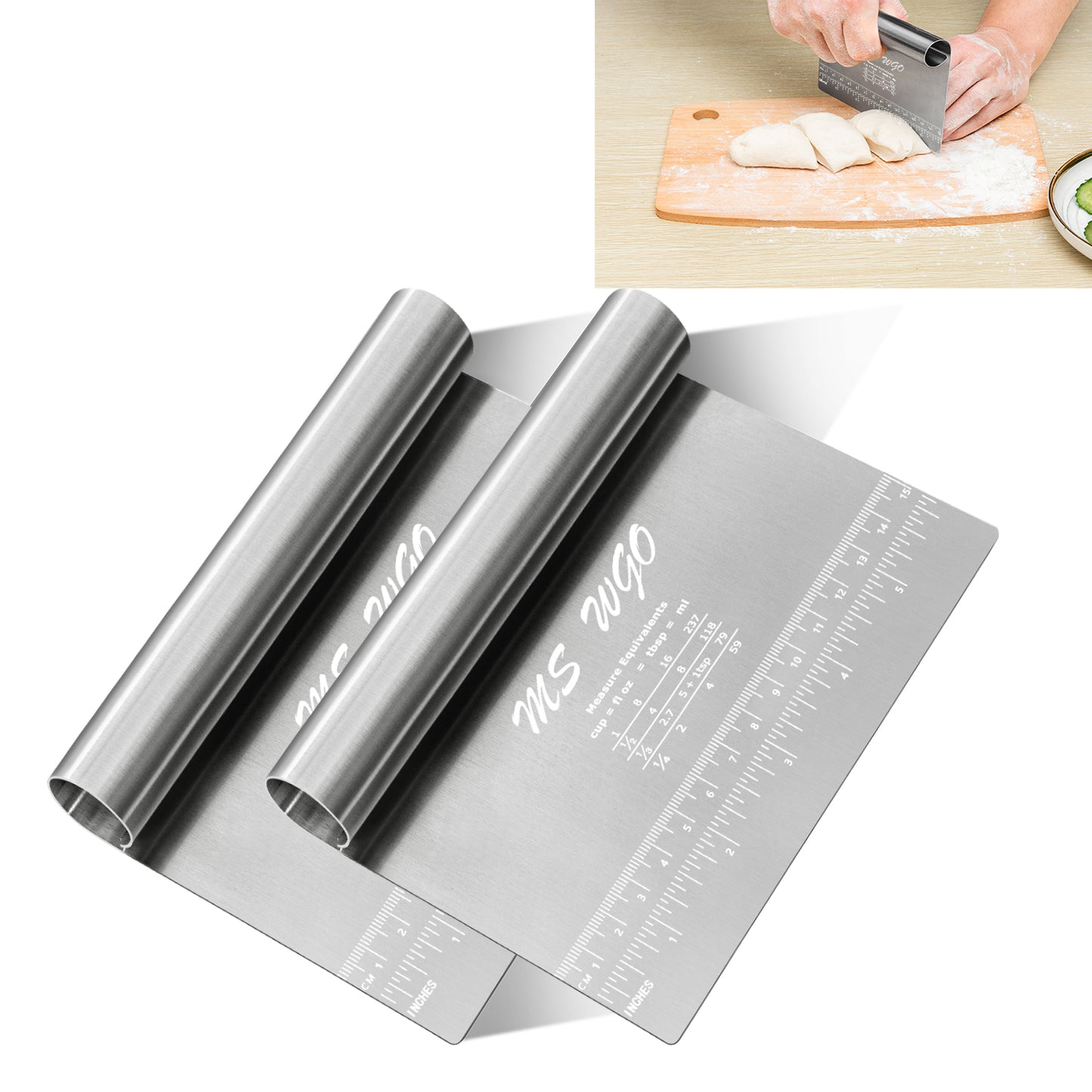 MS WGO Pro Dough Pastry Scraper, 1pcs Cutter, Chopper Stainless Steel Mirror Polished with Measuring Scale Multipurpose- Cake, Pizza Cutter - Pastry Bread Separator Scale Knife