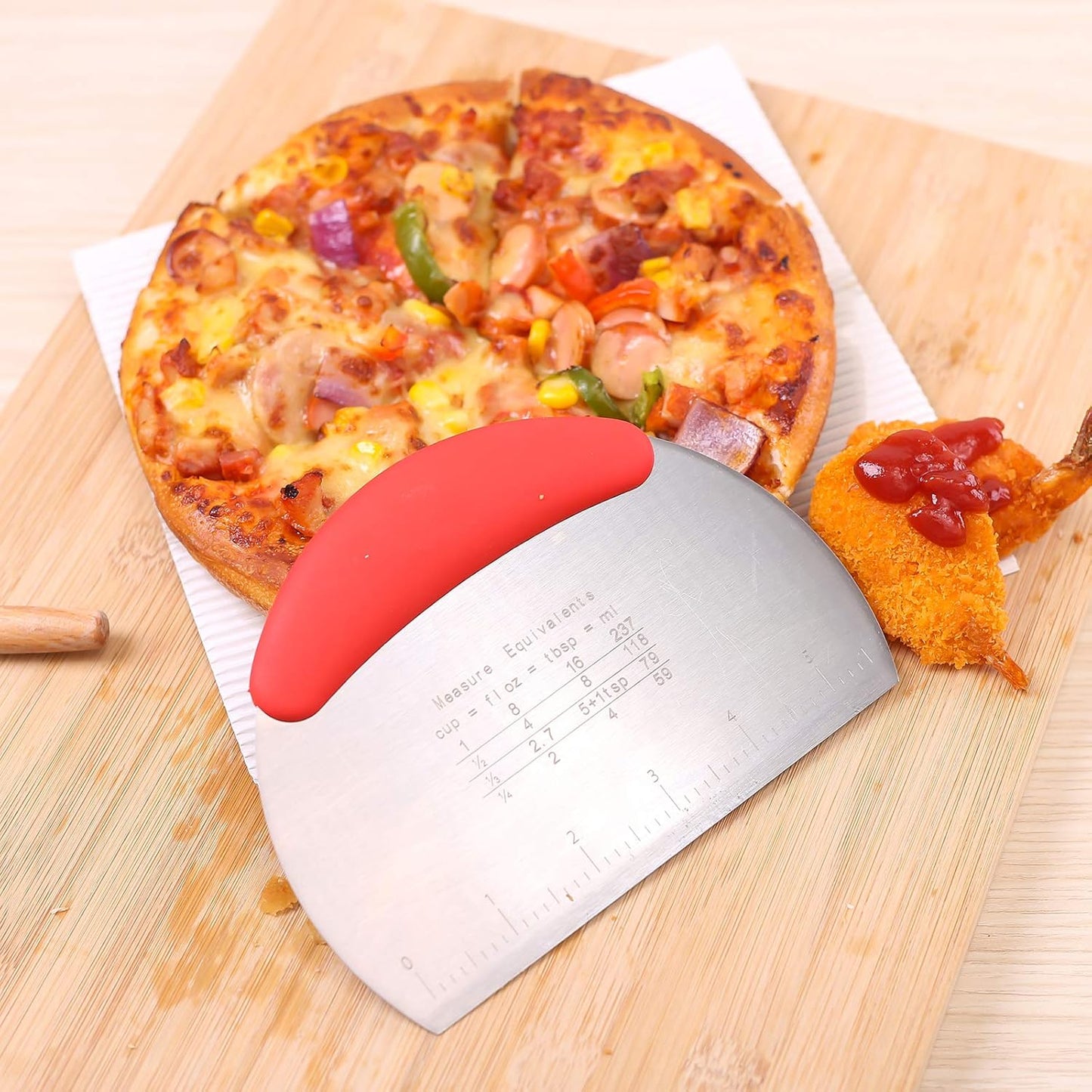 MS WGO 1 pcs Dough Pastry Scraper Chopper/Stainless Steel Dough Scraper Cutter with Ergonomic Rubber Non-Slip Grip/Dough Scraper Cutter/Pro Pastry Pizza Cutter Chopper(Red)