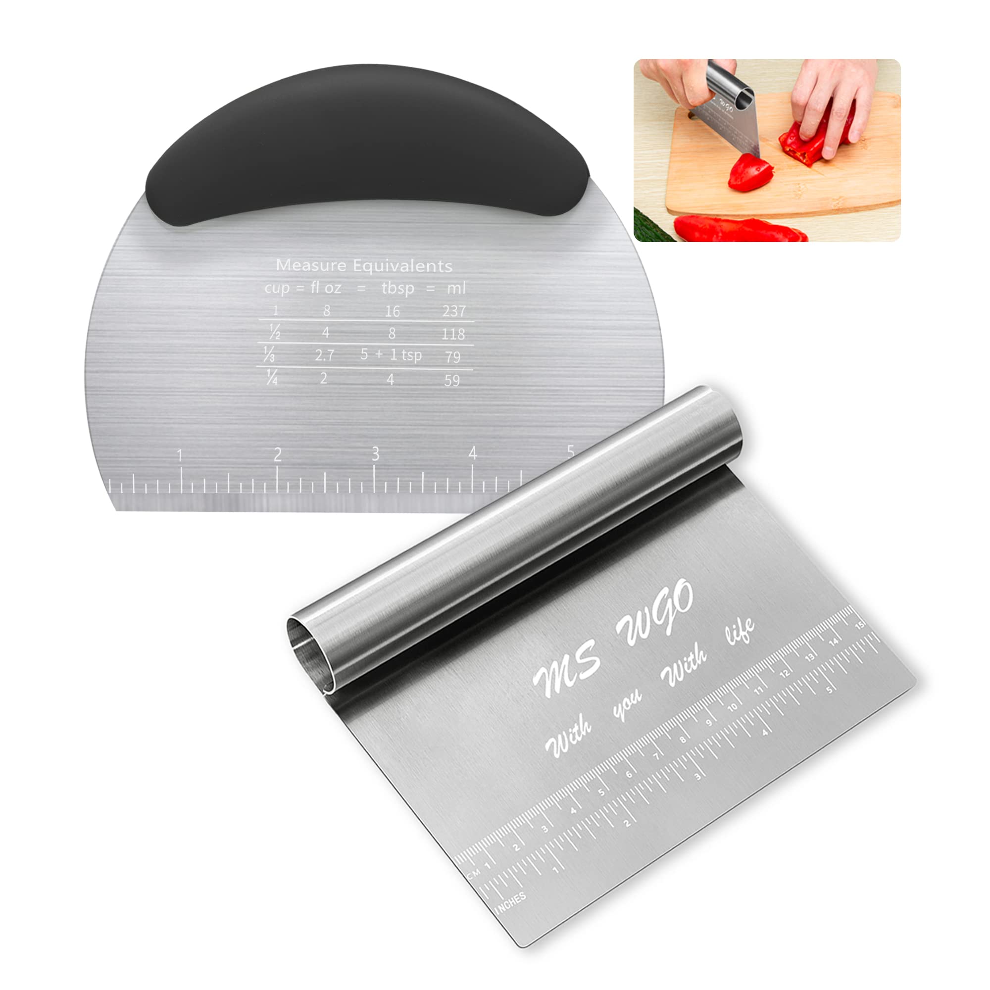 LavoHome Stainless Steel Bench Scraper & Dough Cutter - Multi Function Kitchen Tool Scoop Scraper Best Pizza and Dough Cutter with Ruler Measurements