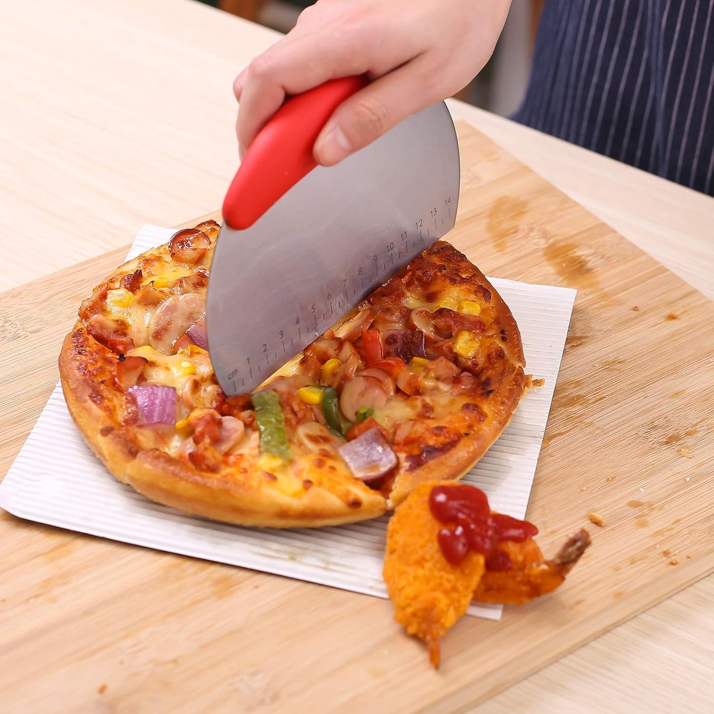 MS WGO 1 pcs Dough Pastry Scraper Chopper/Stainless Steel Dough Scraper Cutter with Ergonomic Rubber Non-Slip Grip/Dough Scraper Cutter/Pro Pastry Pizza Cutter Chopper(Red)