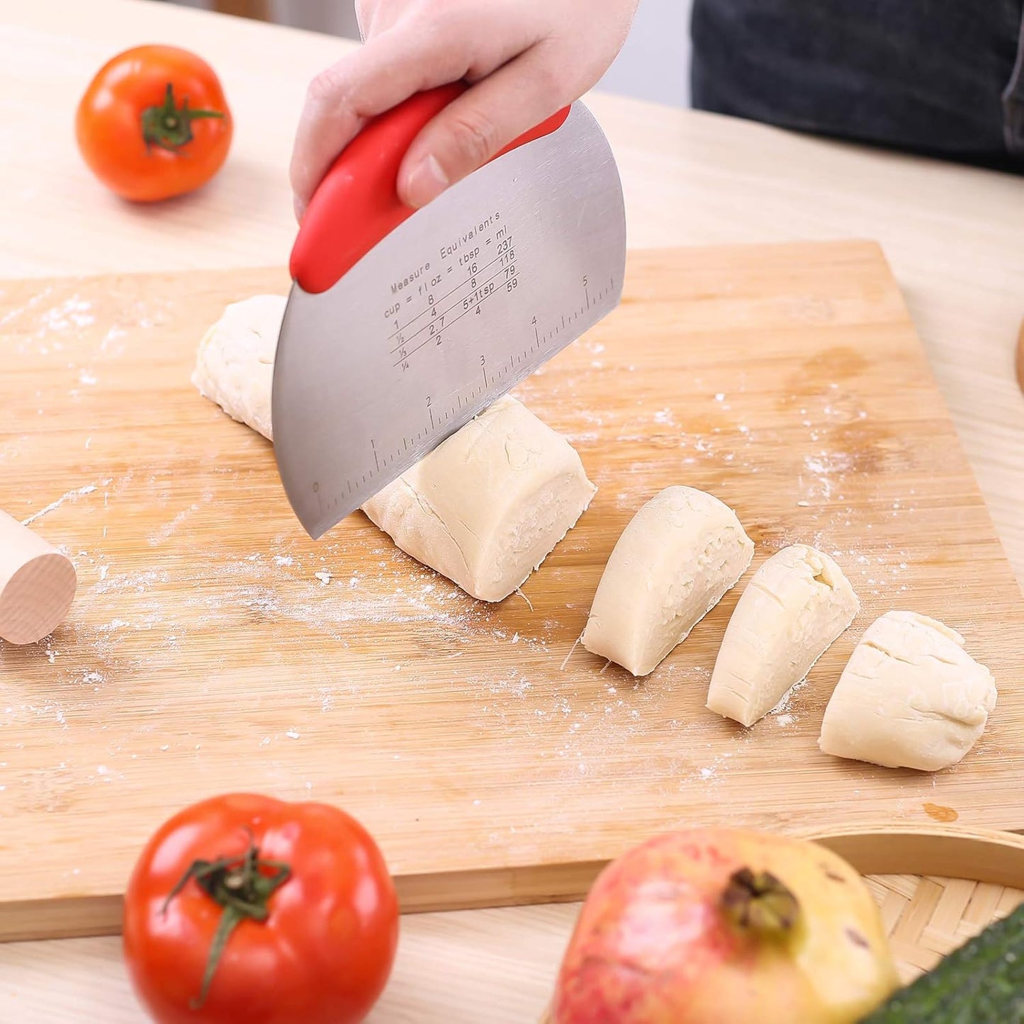 MS WGO 1 pcs Dough Pastry Scraper Chopper/Stainless Steel Dough Scraper Cutter with Ergonomic Rubber Non-Slip Grip/Dough Scraper Cutter/Pro Pastry Pizza Cutter Chopper(Red)