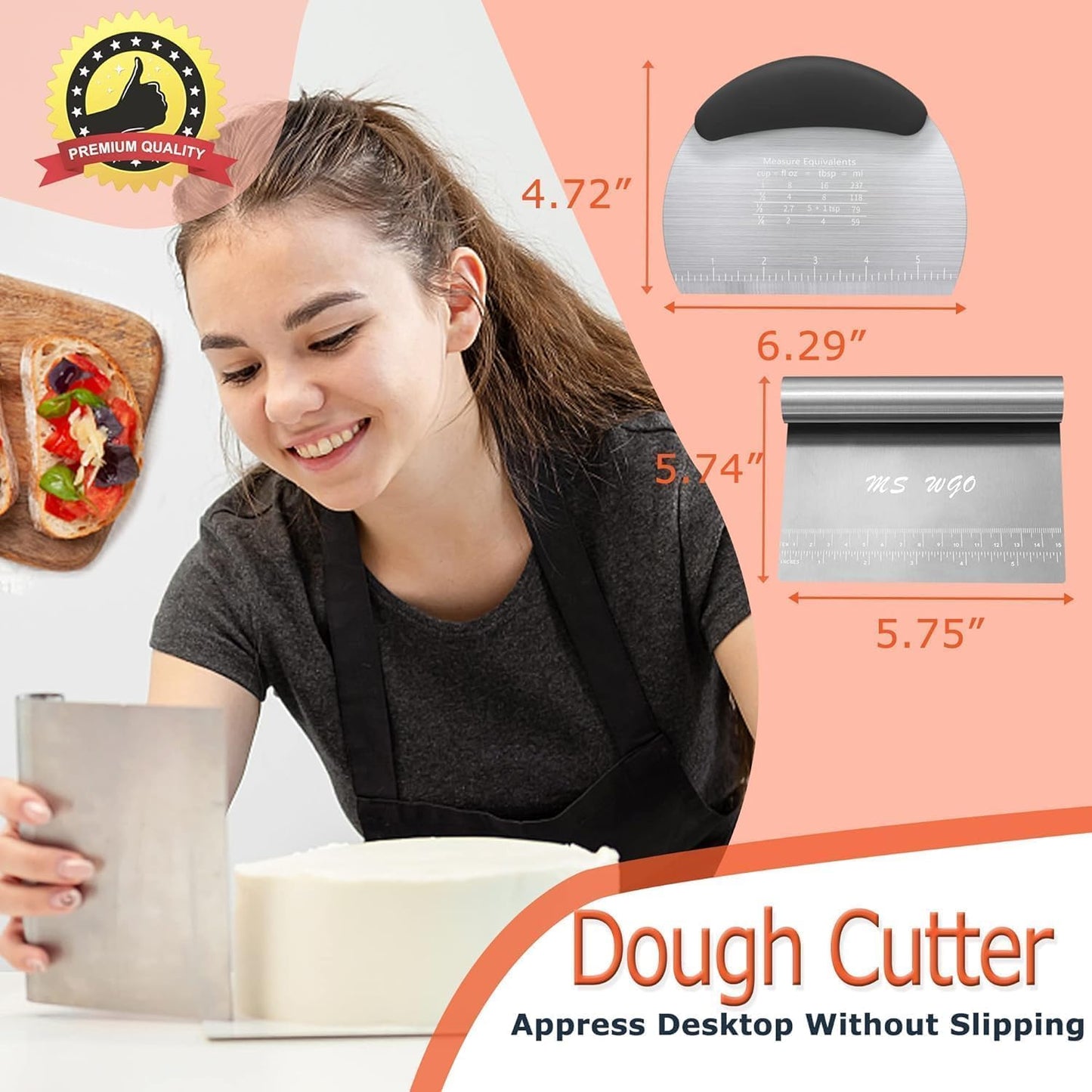 MS WGO Dough Scraper Cutter Pastry Pizza Cutter Stainless Steel Tool with Scale Ruler, Kitchen Tool for Baking Cookie Dough Vegetable Bread