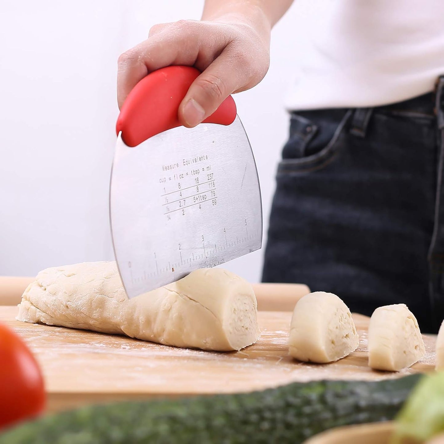 MS WGO 1 pcs Dough Pastry Scraper Chopper/Stainless Steel Dough Scraper Cutter with Ergonomic Rubber Non-Slip Grip/Dough Scraper Cutter/Pro Pastry Pizza Cutter Chopper(Red)