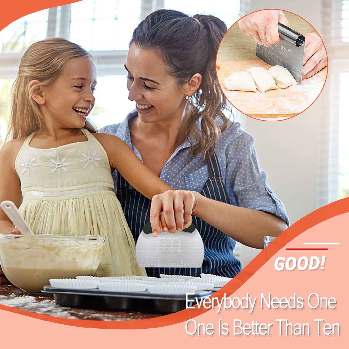 MS WGO Bench Scraper Dough Pastry Pizza Cutter Dough Scraper Tool Kitchen Food Scraper Stainless Steel with Handle for Butter Cookie Dough Vegetable BLACK