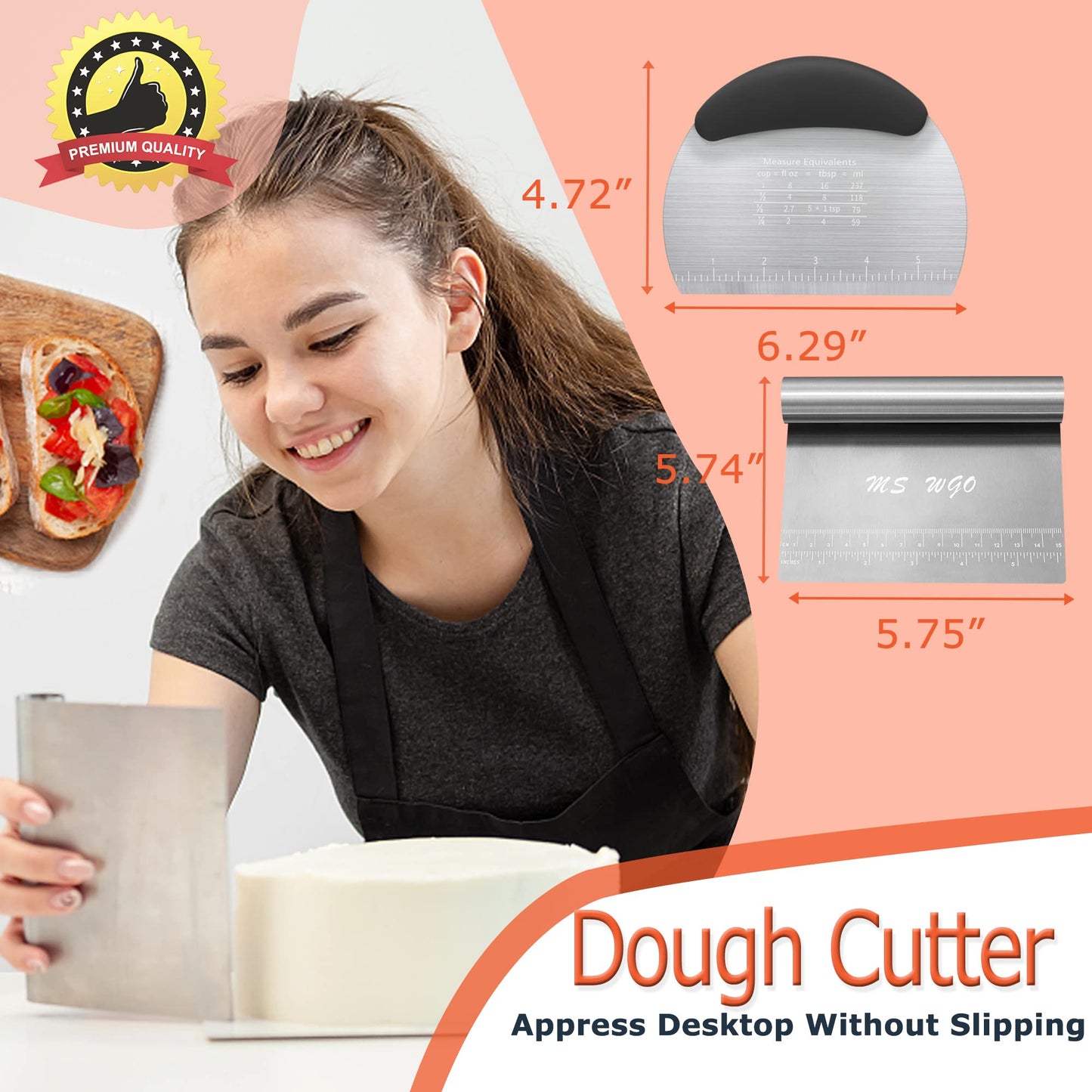 MS WGO Bench Scraper Dough Pastry Pizza Cutter Dough Scraper Tool Kitchen Food Scraper Stainless Steel with Handle for Butter Cookie Dough Vegetable BLACK