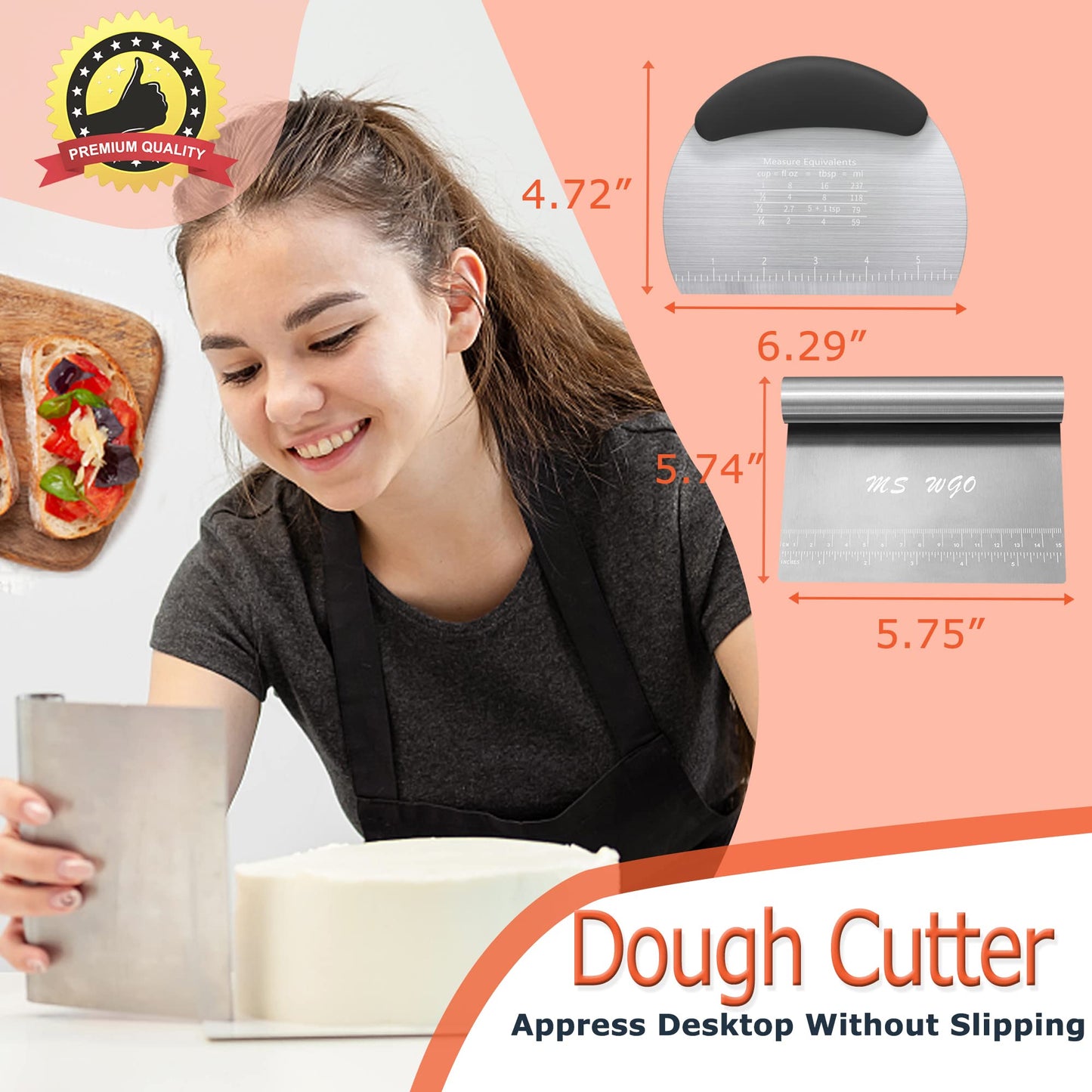 MS WGO Pro Dough Pastry Scraper, 1pcs Cutter, Chopper Stainless Steel